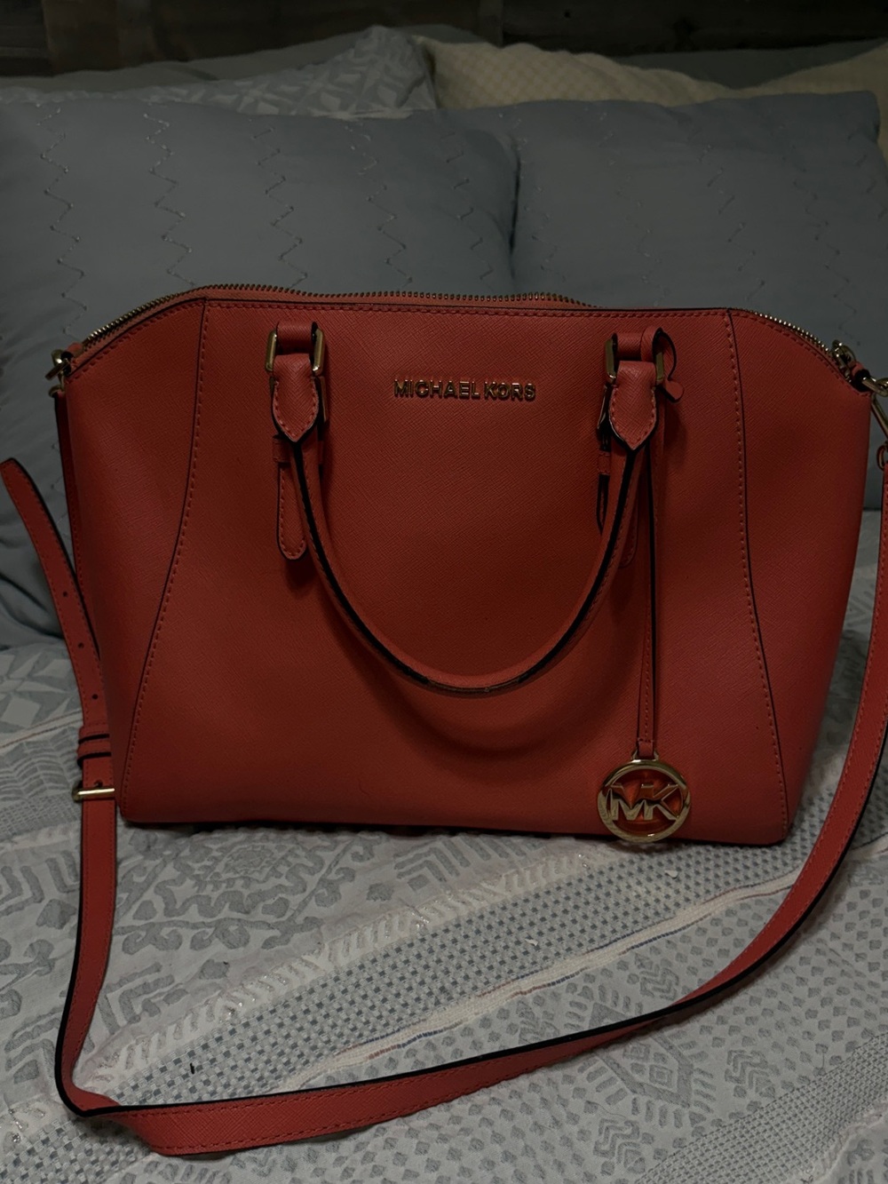 Michael Kors Coral-Red Saffiano Leather Satchel with Gold Hardware